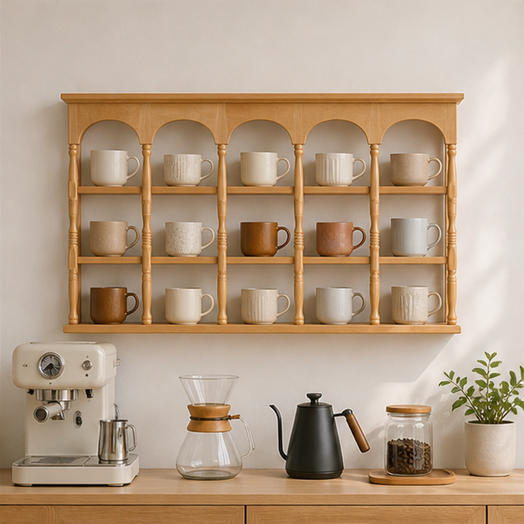 73 cm natural wood wall coffee mug display shelf above a home coffee bar