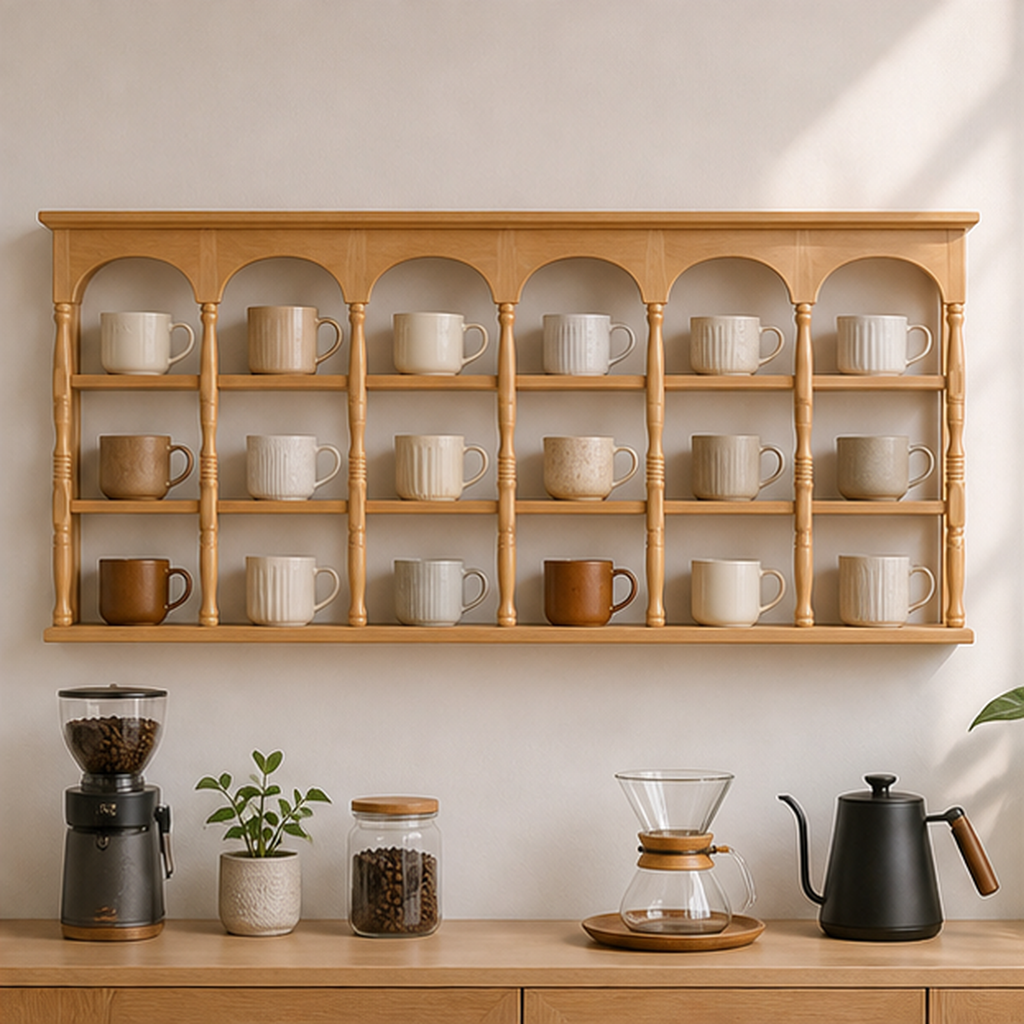 86 cm natural wood wall coffee mug display shelf above a home coffee bar