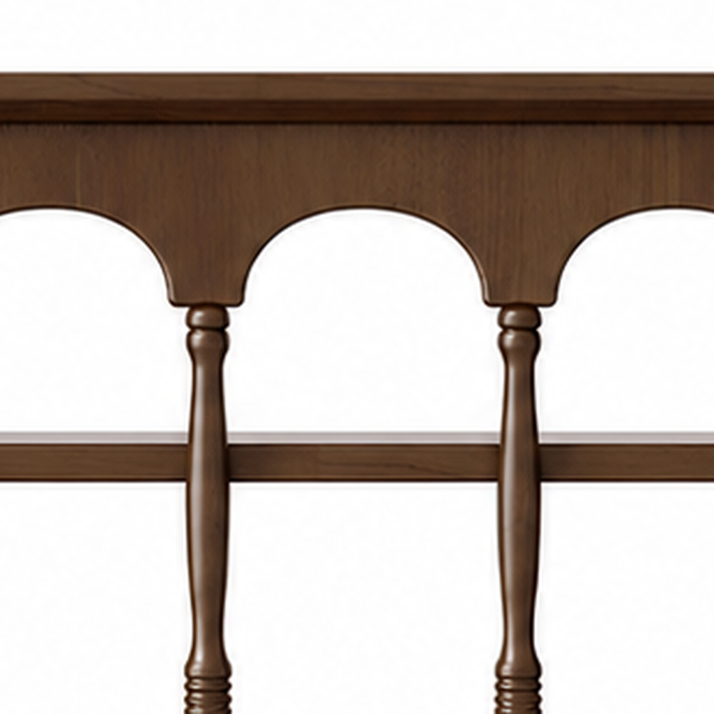 Walnut brown rubberwood arched rail and wood grain detail