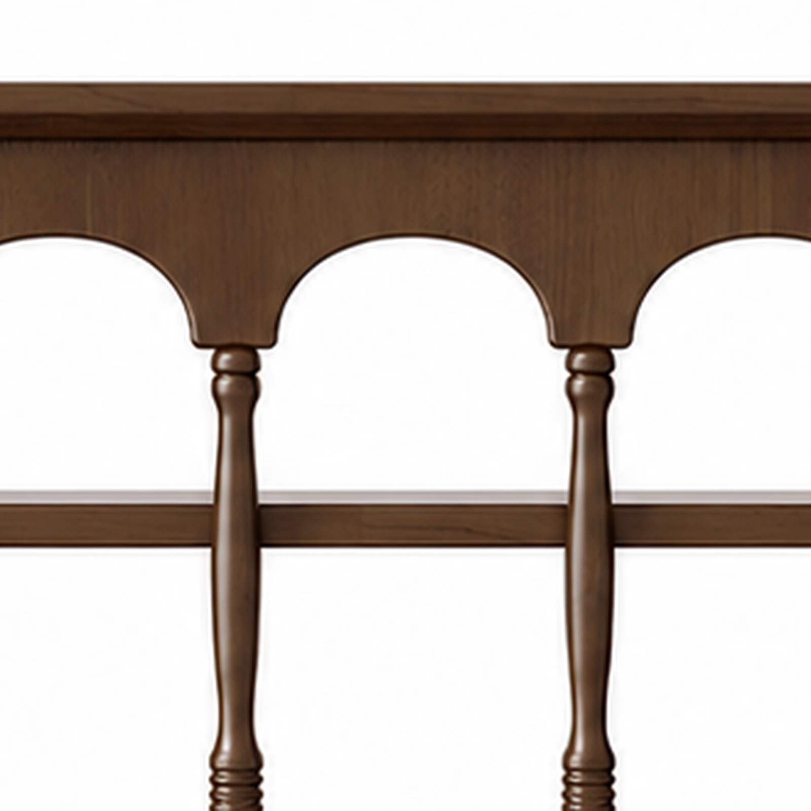 Walnut brown rubberwood arched rail and wood grain detail