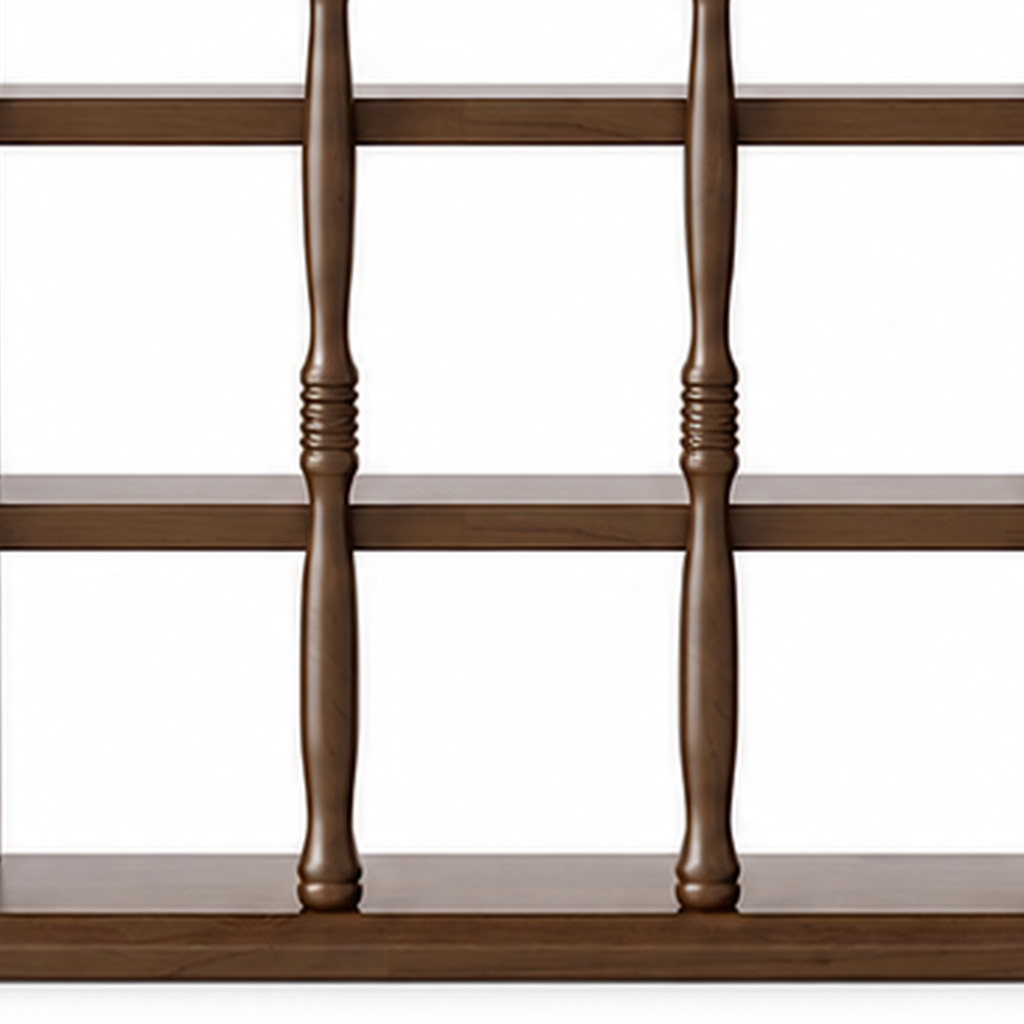 Walnut brown rubberwood turned supports and shelf joinery detail
