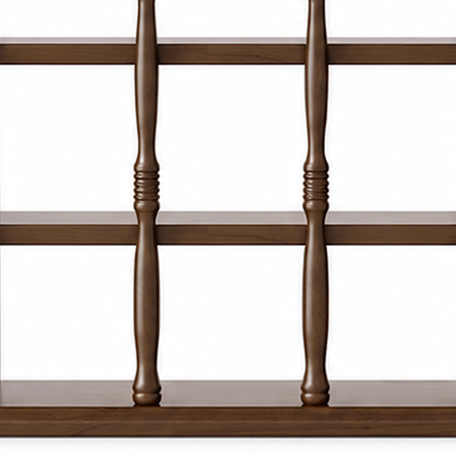 Walnut brown rubberwood turned supports and shelf joinery detail