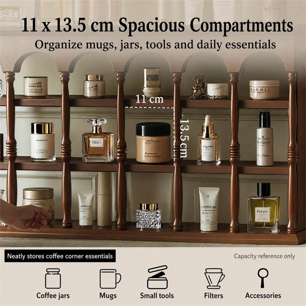 Wall coffee shelf compartment capacity for mugs jars and brewing tools