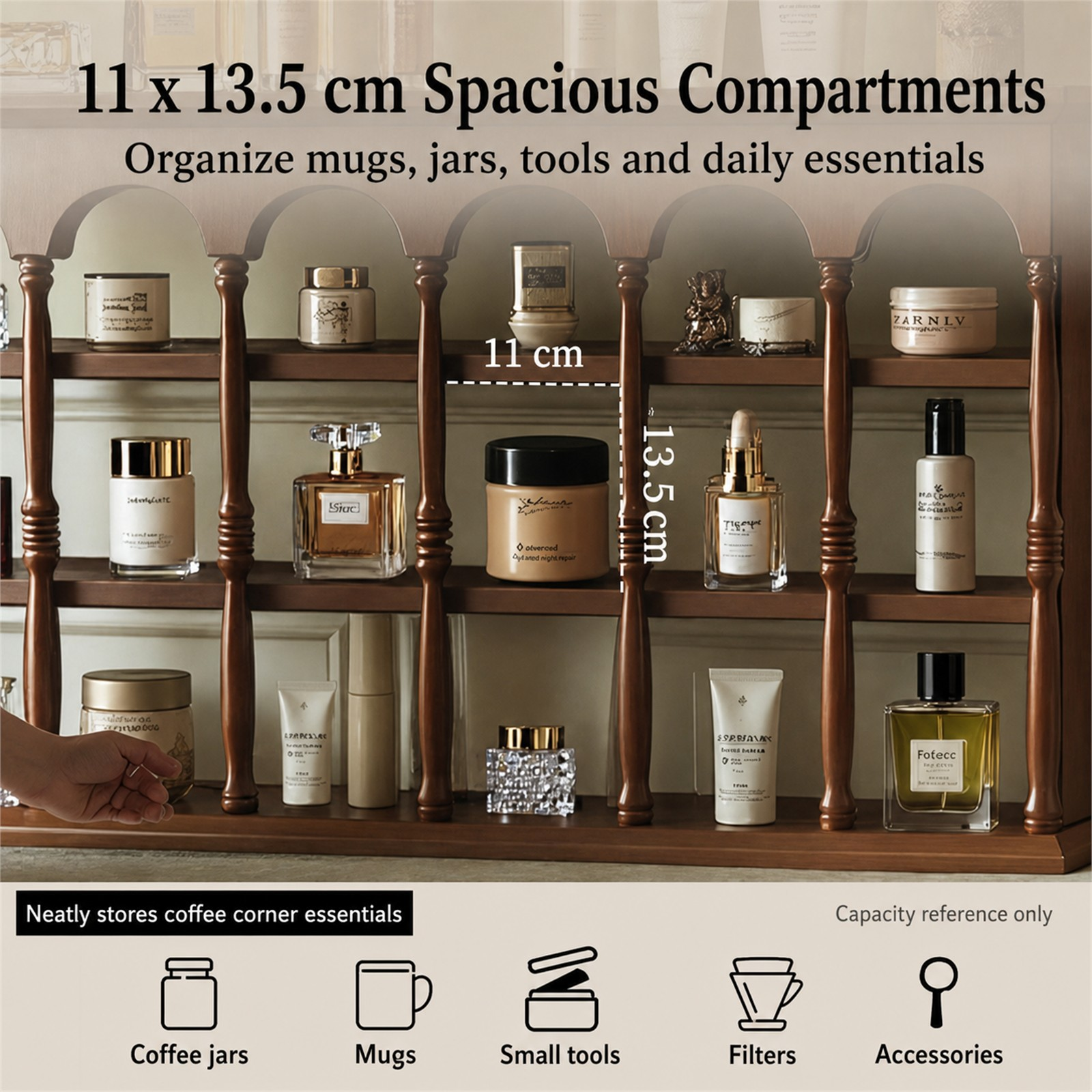 Wall coffee shelf compartment capacity for mugs jars and brewing tools