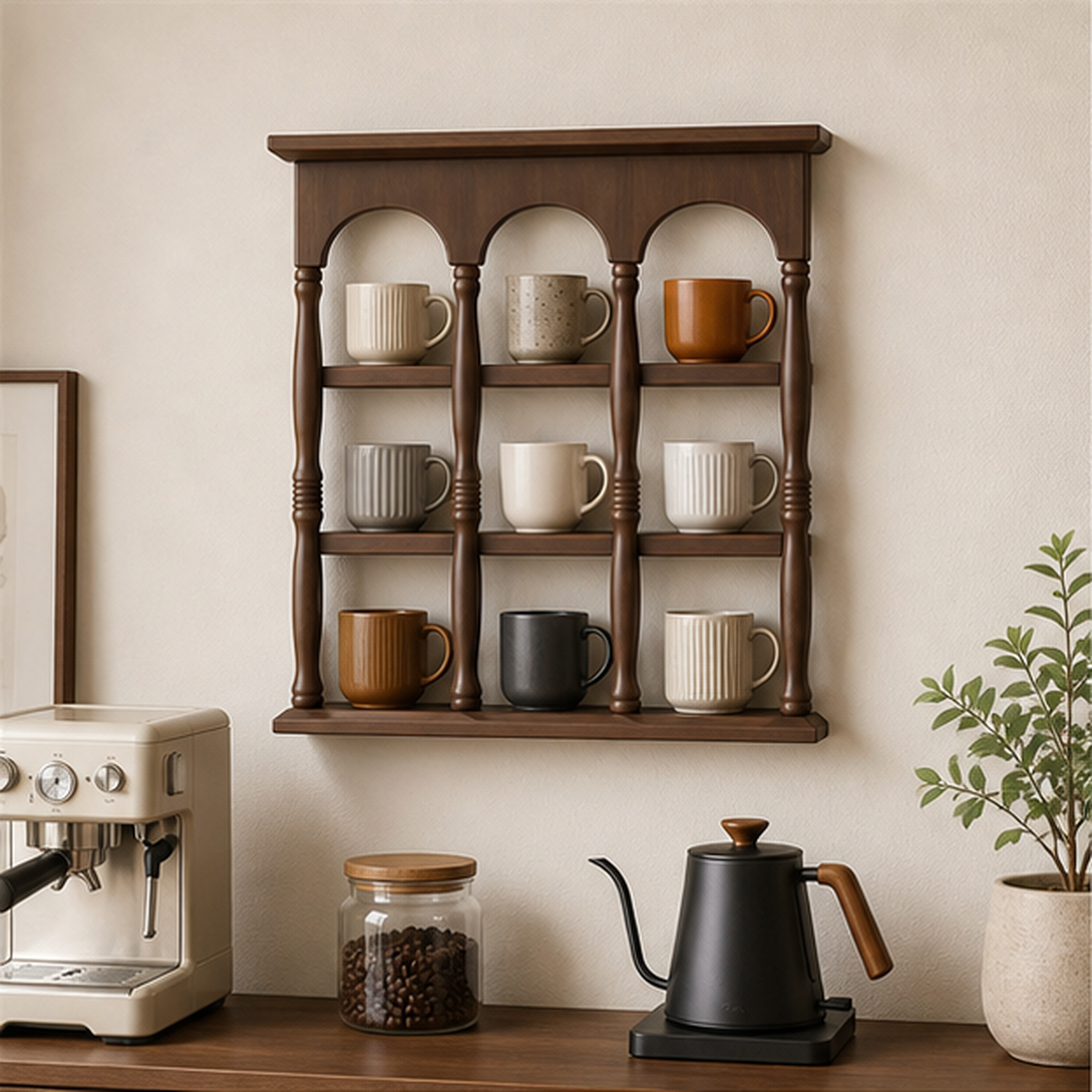 47 cm walnut brown wall coffee mug display shelf above a home coffee bar