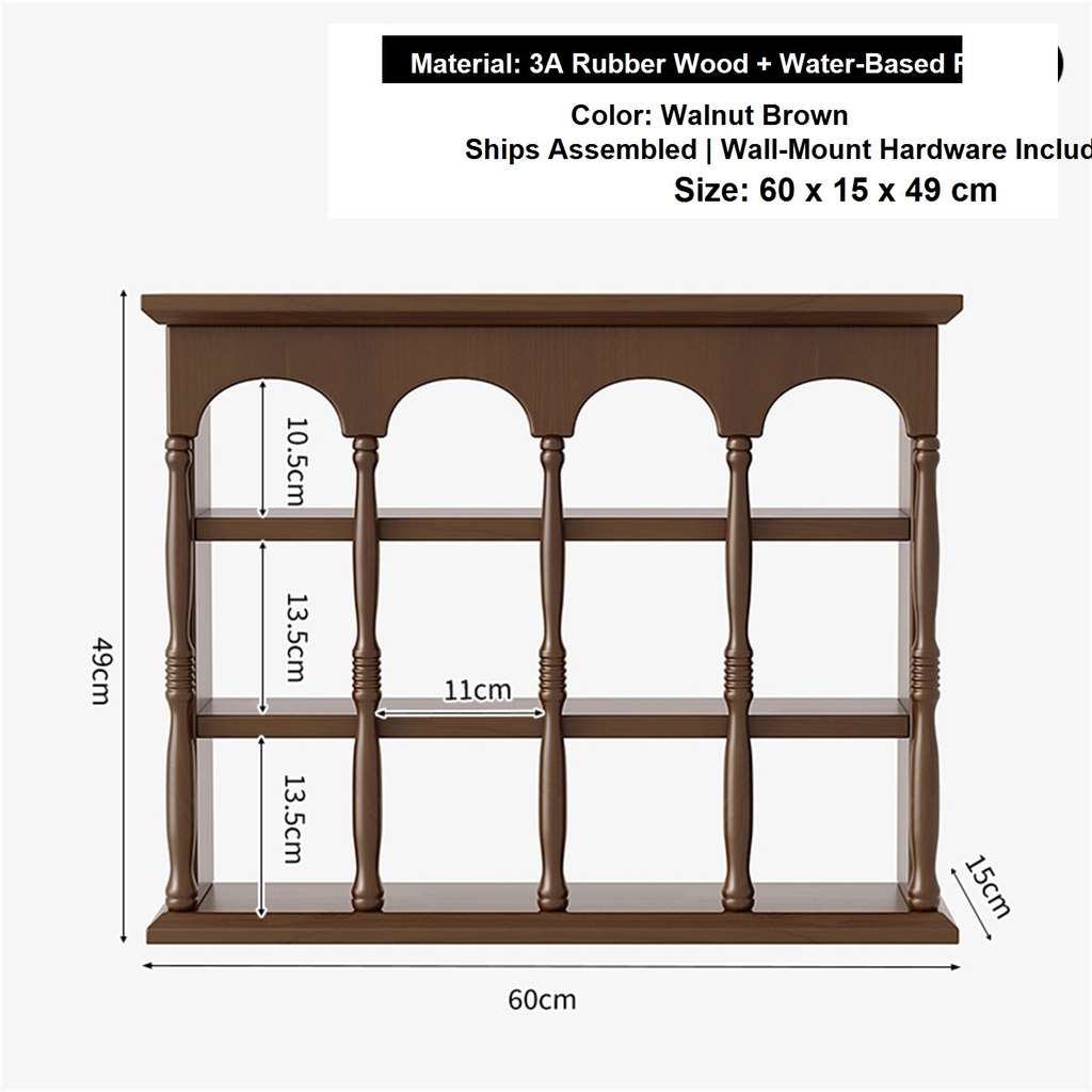 60 cm walnut brown solid rubberwood wall coffee shelf dimensions