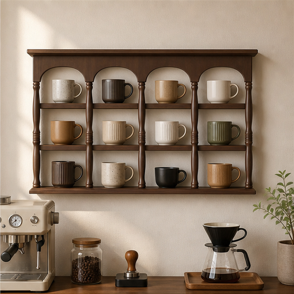 60 cm walnut brown wall coffee mug display shelf above a home coffee bar