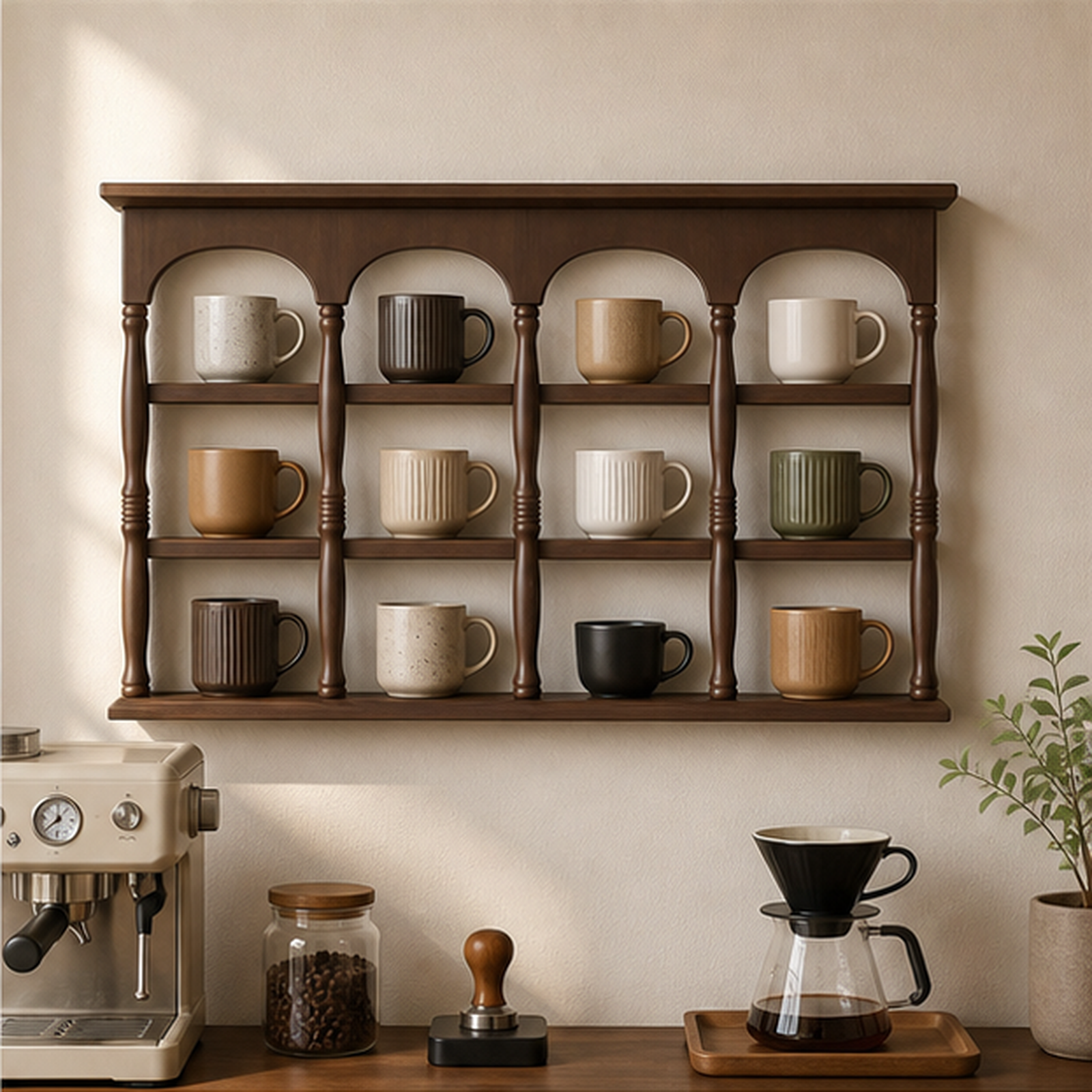 60 cm walnut brown wall coffee mug display shelf above a home coffee bar