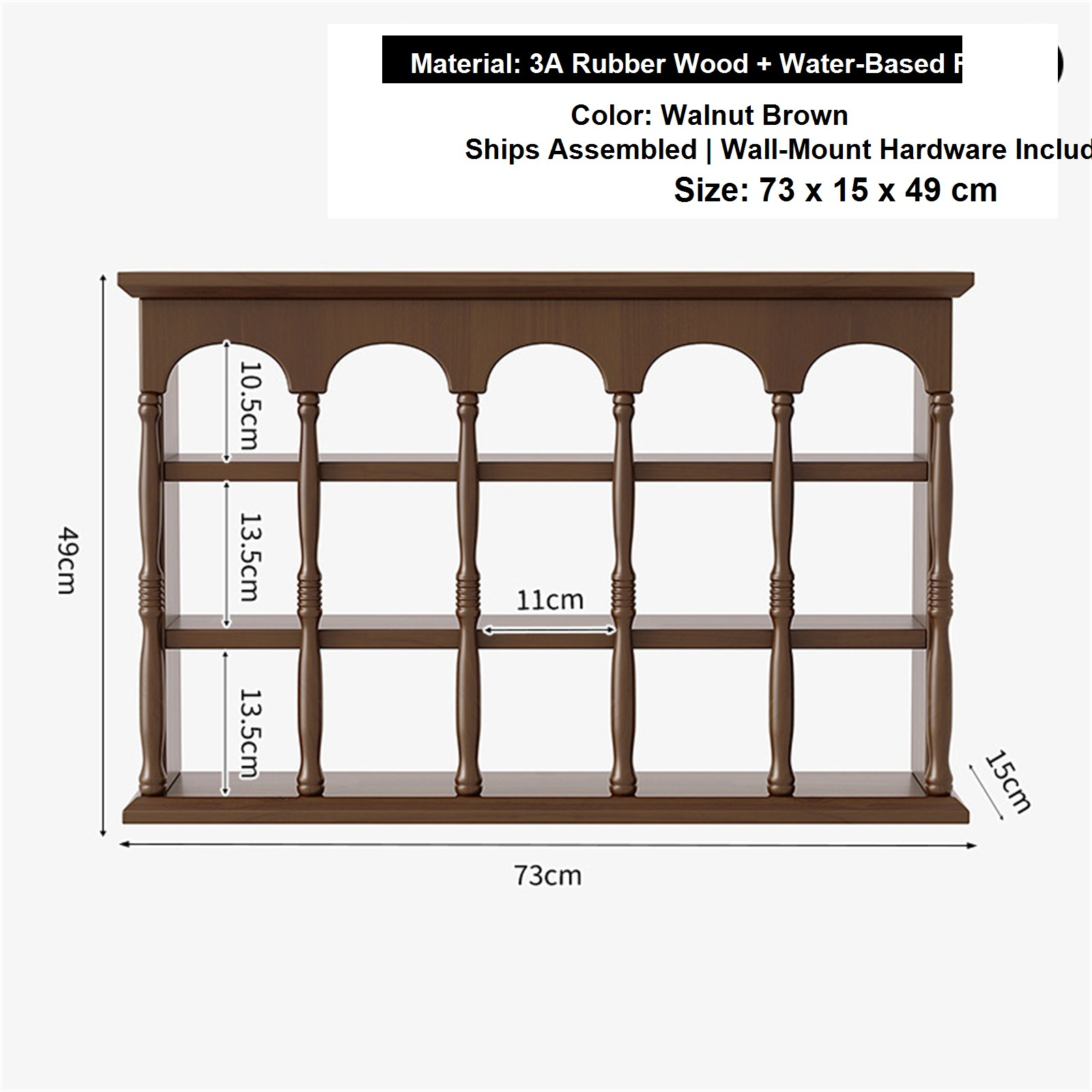 73 cm walnut brown solid rubberwood wall coffee shelf dimensions