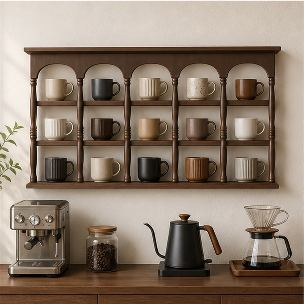 73 cm walnut brown wall coffee mug display shelf above a home coffee bar