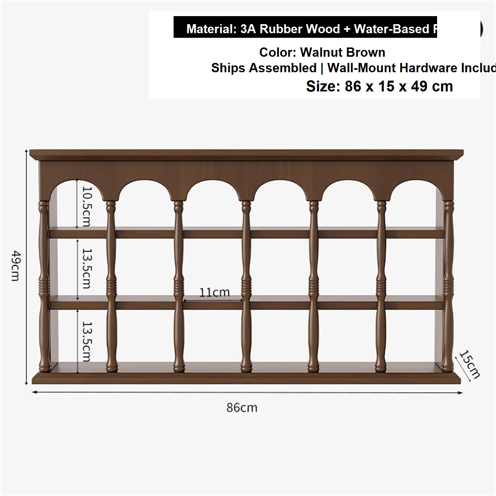 86 cm walnut brown solid rubberwood wall coffee shelf dimensions