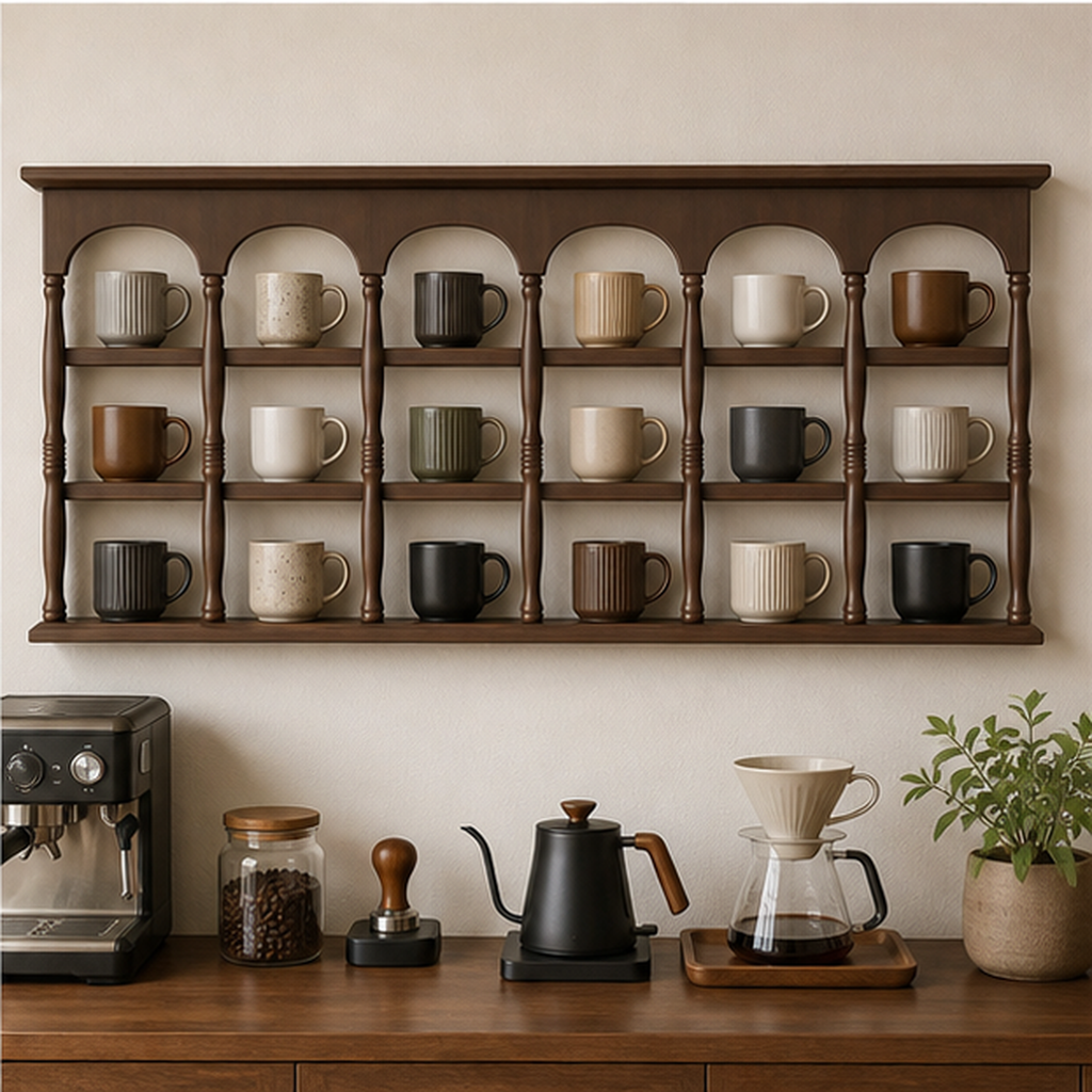 86 cm walnut brown wall coffee mug display shelf above a home coffee bar