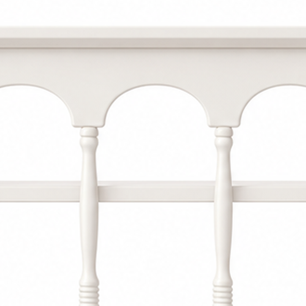 White rubberwood arched rail and painted finish detail