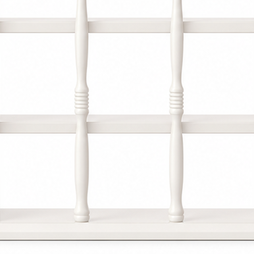 White rubberwood turned supports and shelf joinery detail