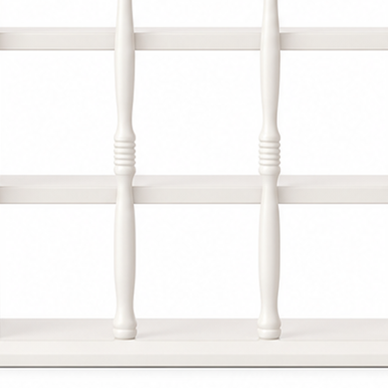 White rubberwood turned supports and shelf joinery detail