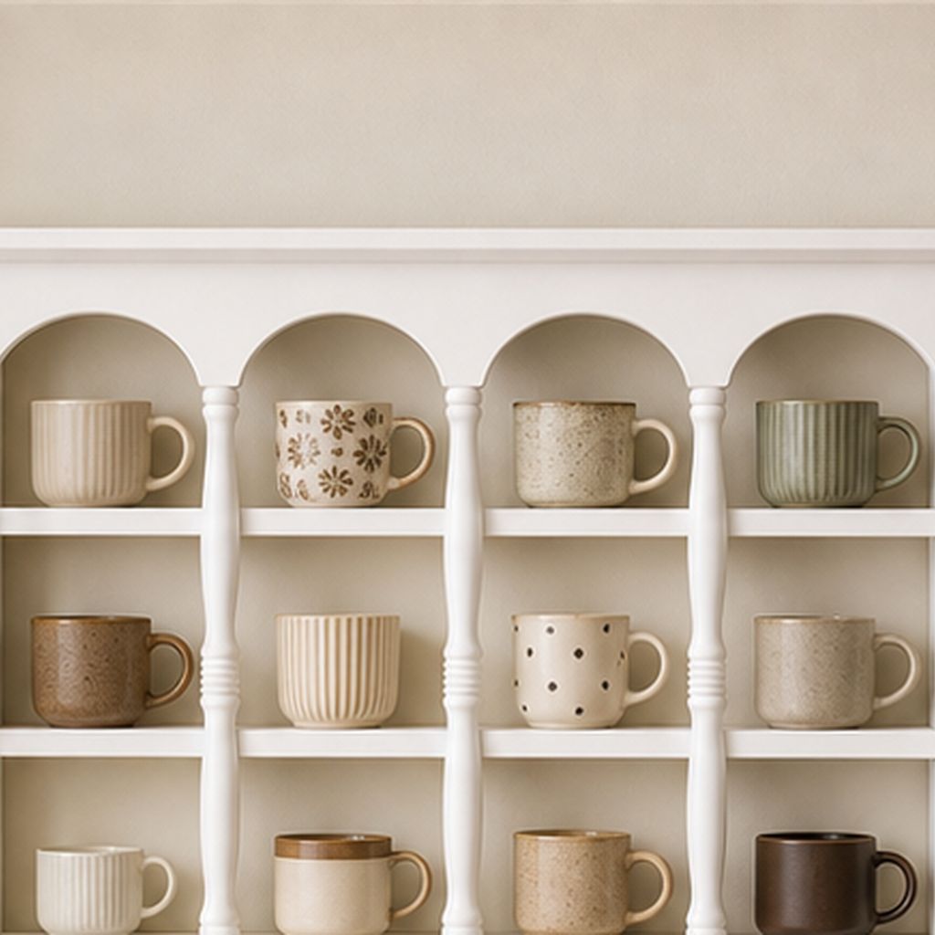 White wall coffee shelf capacity for mugs and brewing tools
