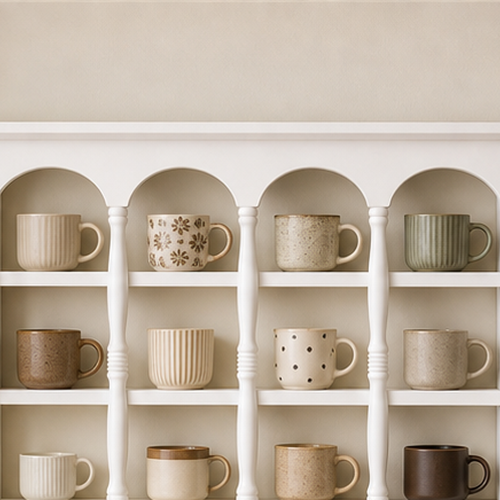 White wall coffee shelf capacity for mugs and brewing tools