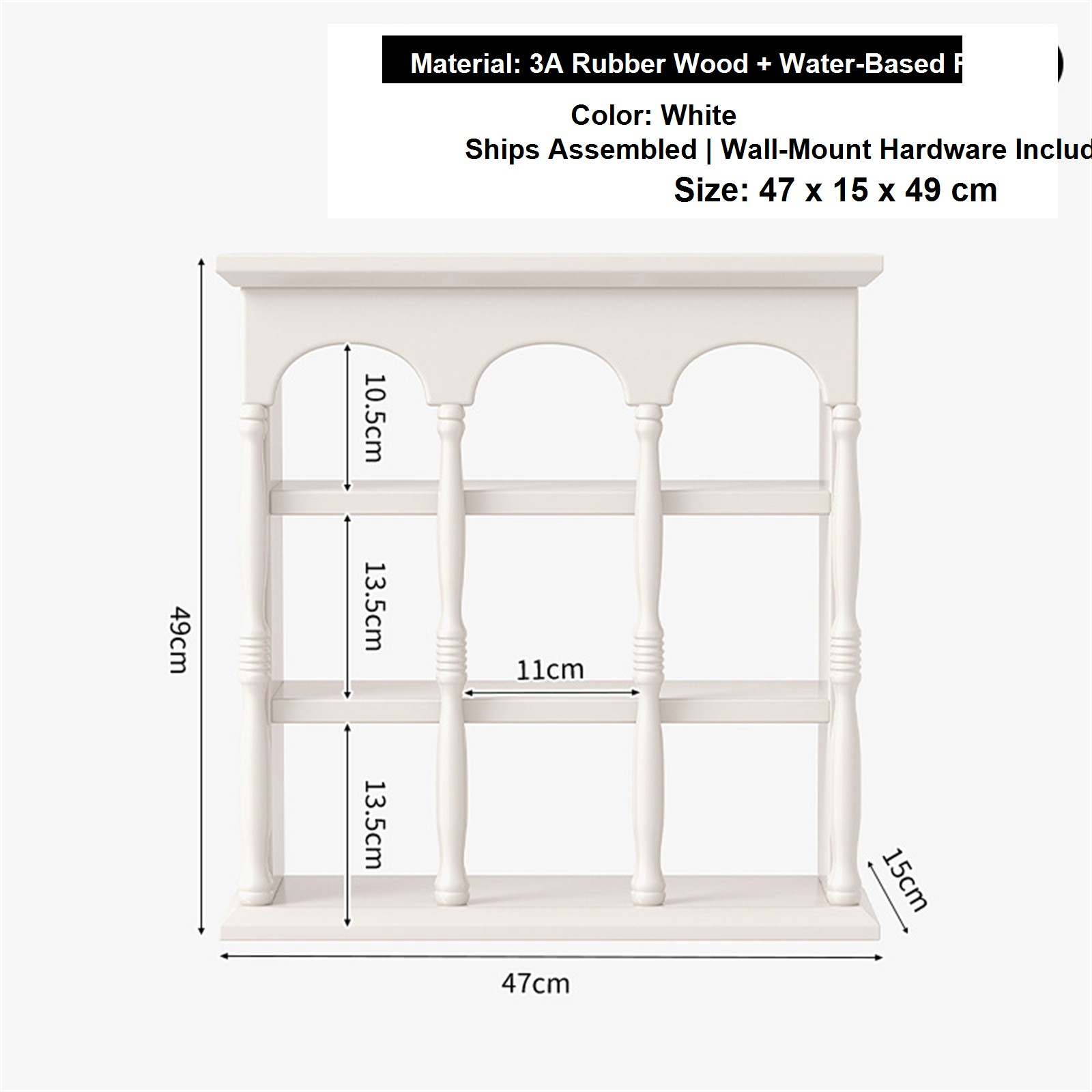 47 cm white solid rubberwood wall coffee shelf dimensions