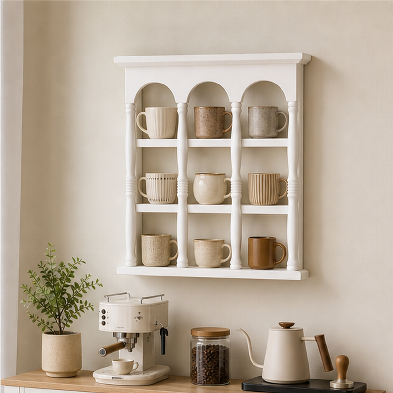 47 cm white wall coffee mug display shelf above a bright home coffee bar