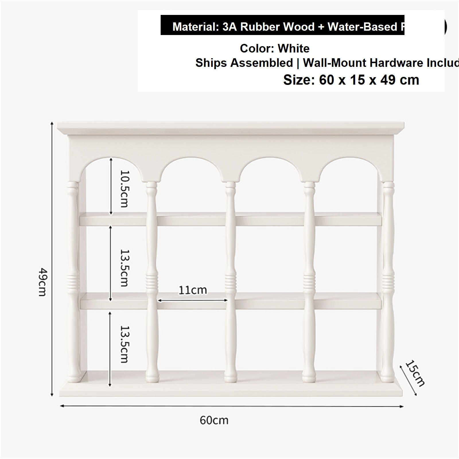 60 cm white solid rubberwood wall coffee shelf dimensions