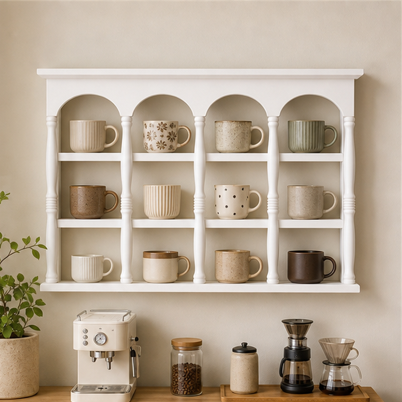 60 cm white wall coffee mug display shelf above a bright home coffee bar