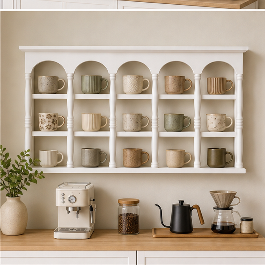 73 cm white wall coffee mug display shelf above a bright home coffee bar