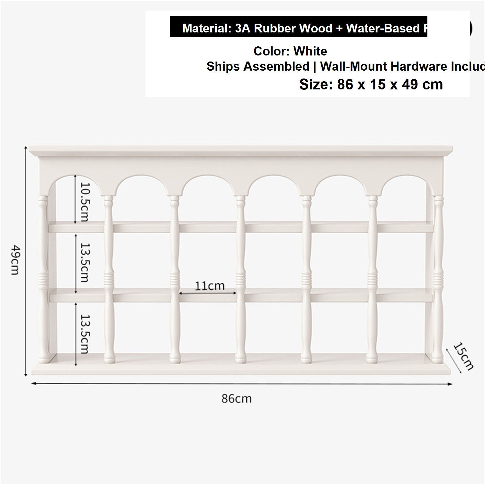 86 cm white solid rubberwood wall coffee shelf dimensions