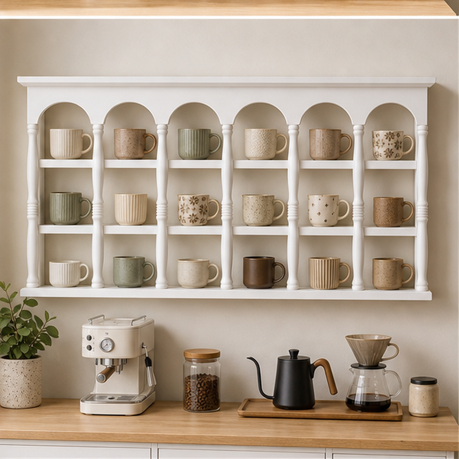 86 cm white wall coffee mug display shelf above a bright home coffee bar