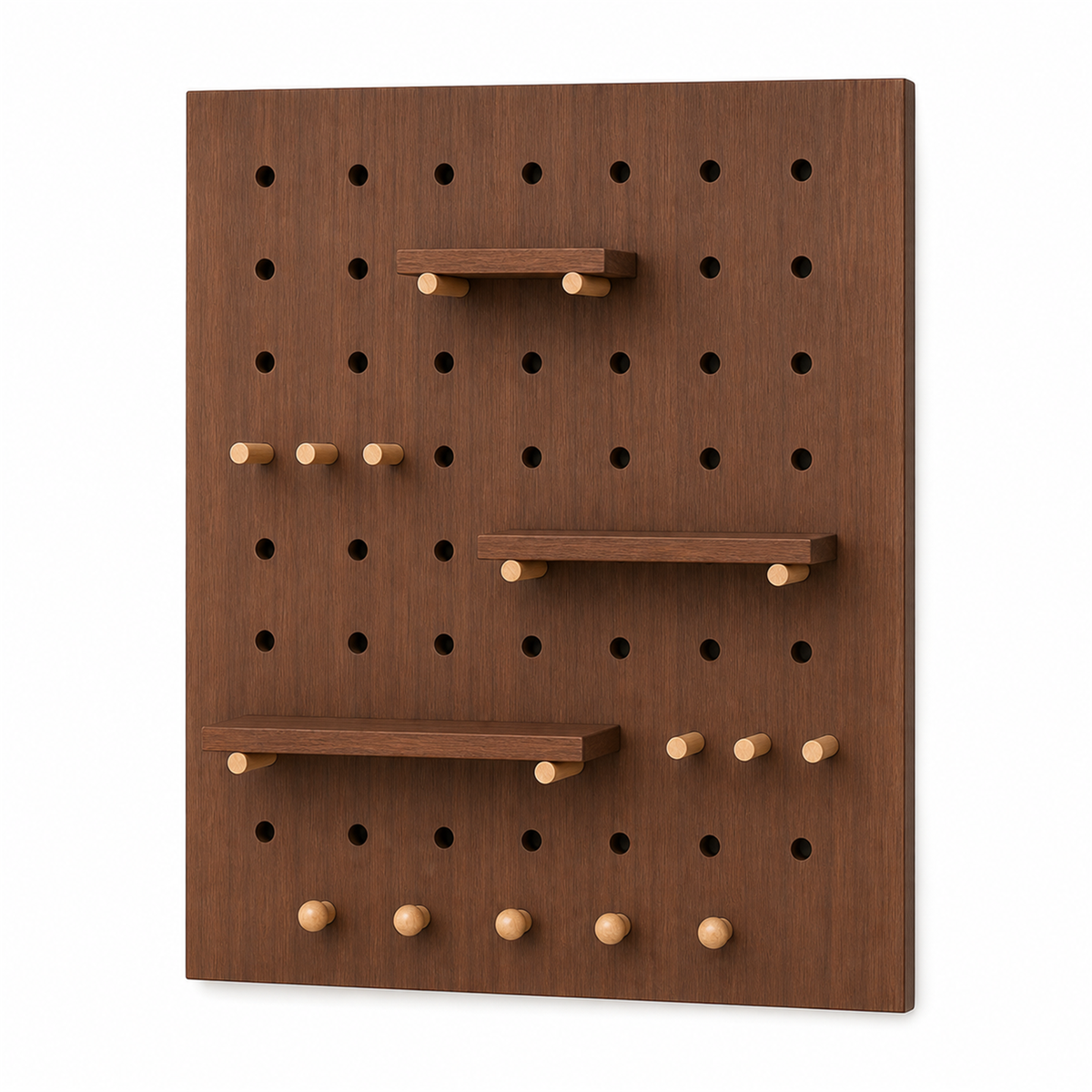 Walnut brown modular wall-mounted coffee pegboard organizer on white background