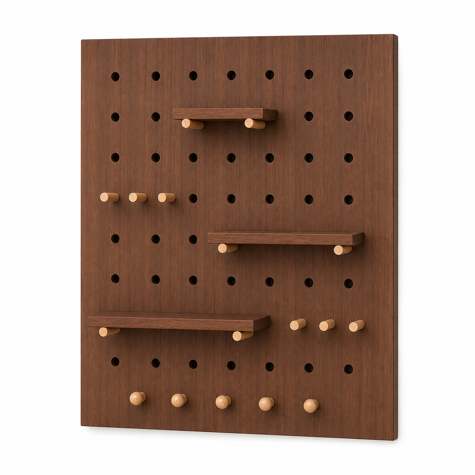 Walnut brown modular wall-mounted coffee pegboard organizer on white background
