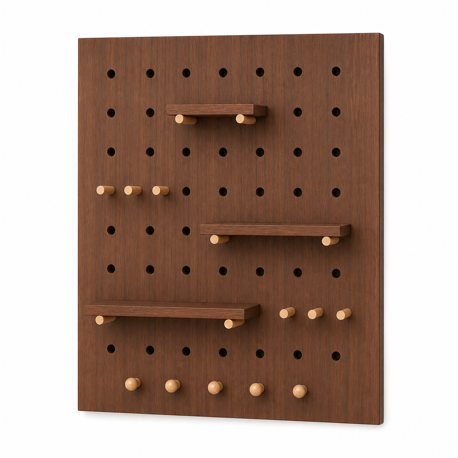 Walnut brown modular wall-mounted coffee pegboard organizer on white background