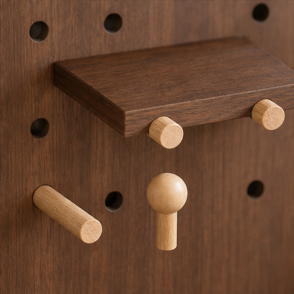 Movable shelves and pegs on walnut brown coffee pegboard organizer
