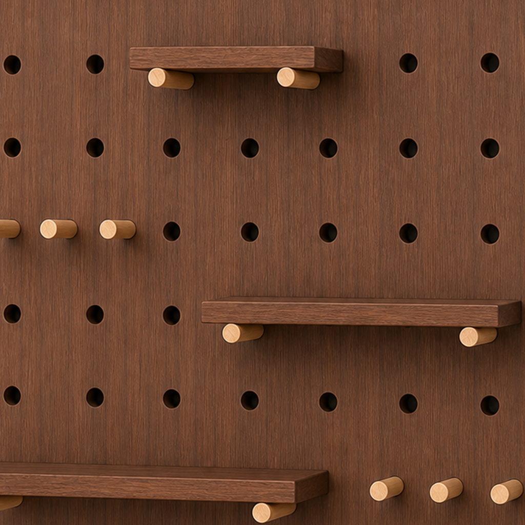 Walnut brown pegboard surface and round-hole grid detail