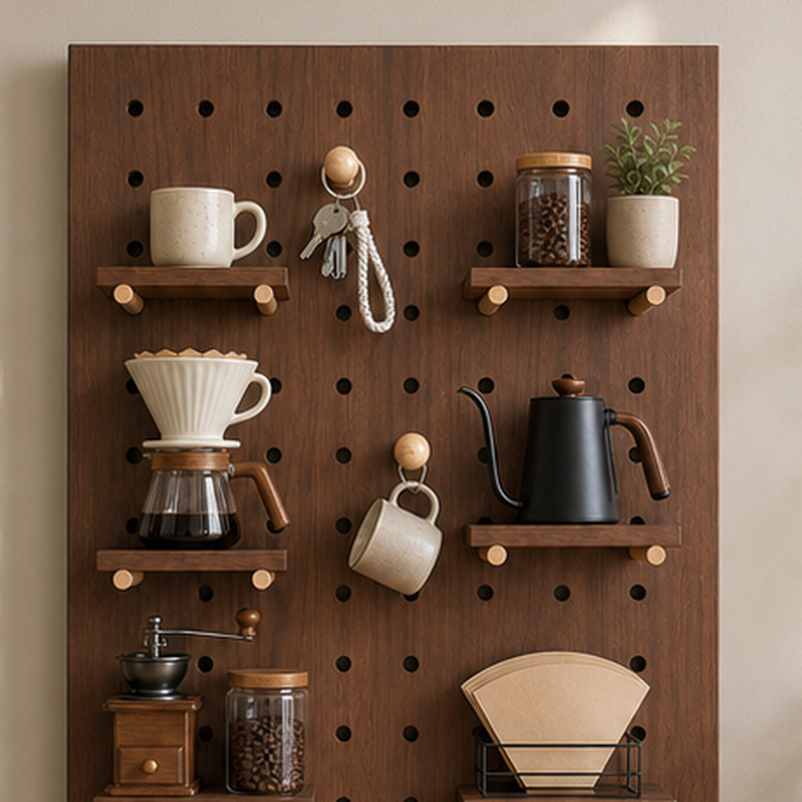 Flexible coffee accessory storage on walnut brown wall pegboard