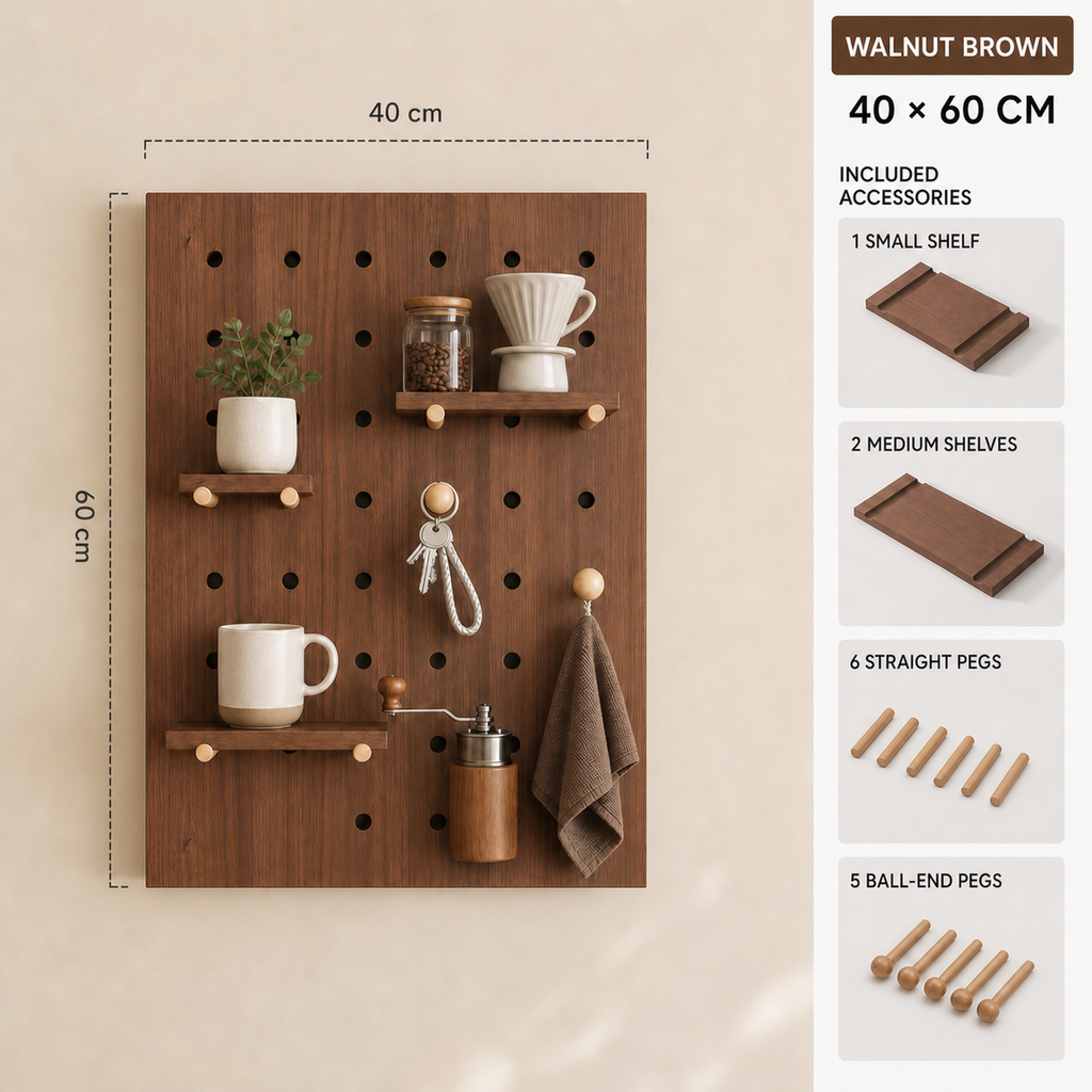 Dimensions and included accessories for 40 x 60 cm walnut brown coffee pegboard