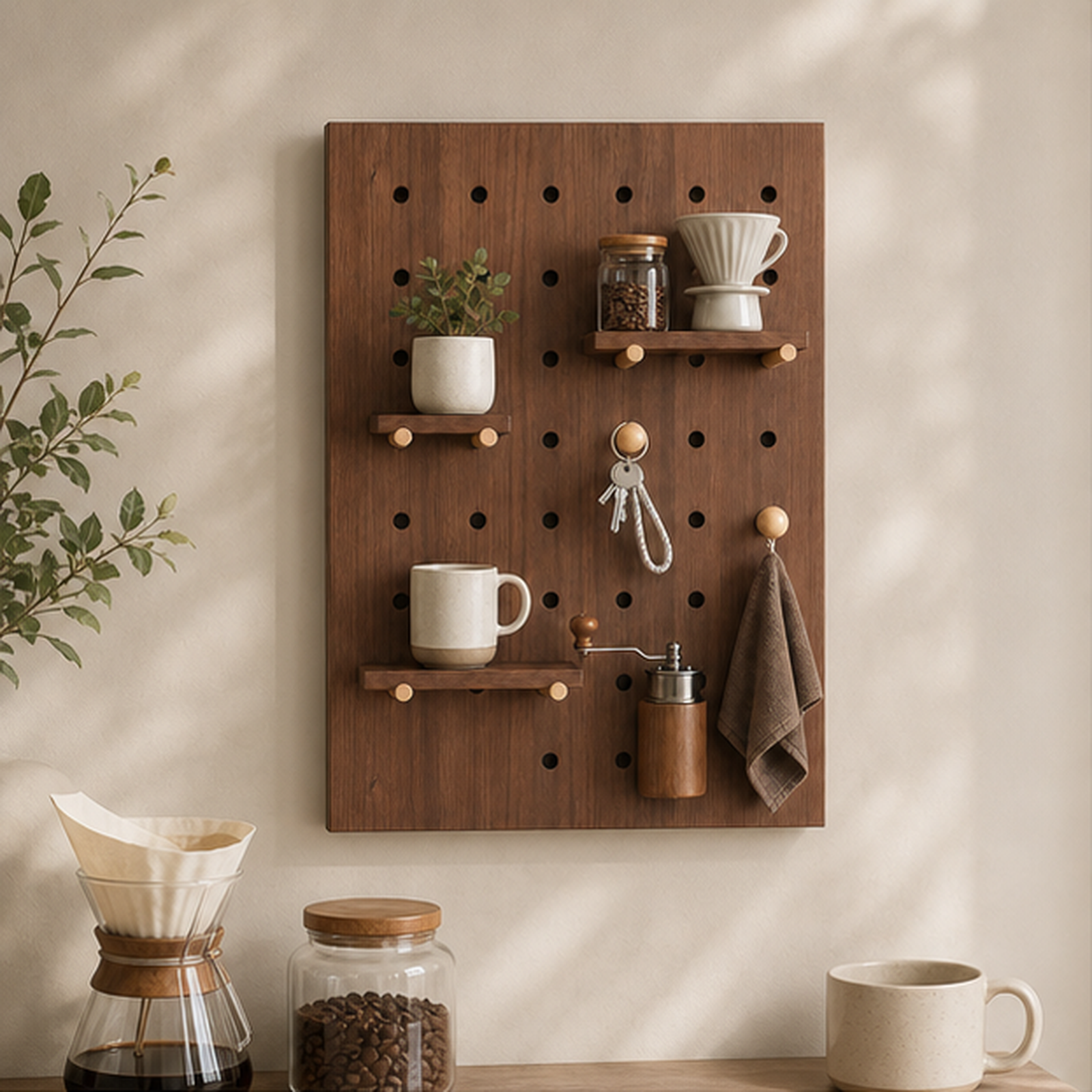 40 x 60 cm walnut brown coffee pegboard organizer in a coffee bar setting