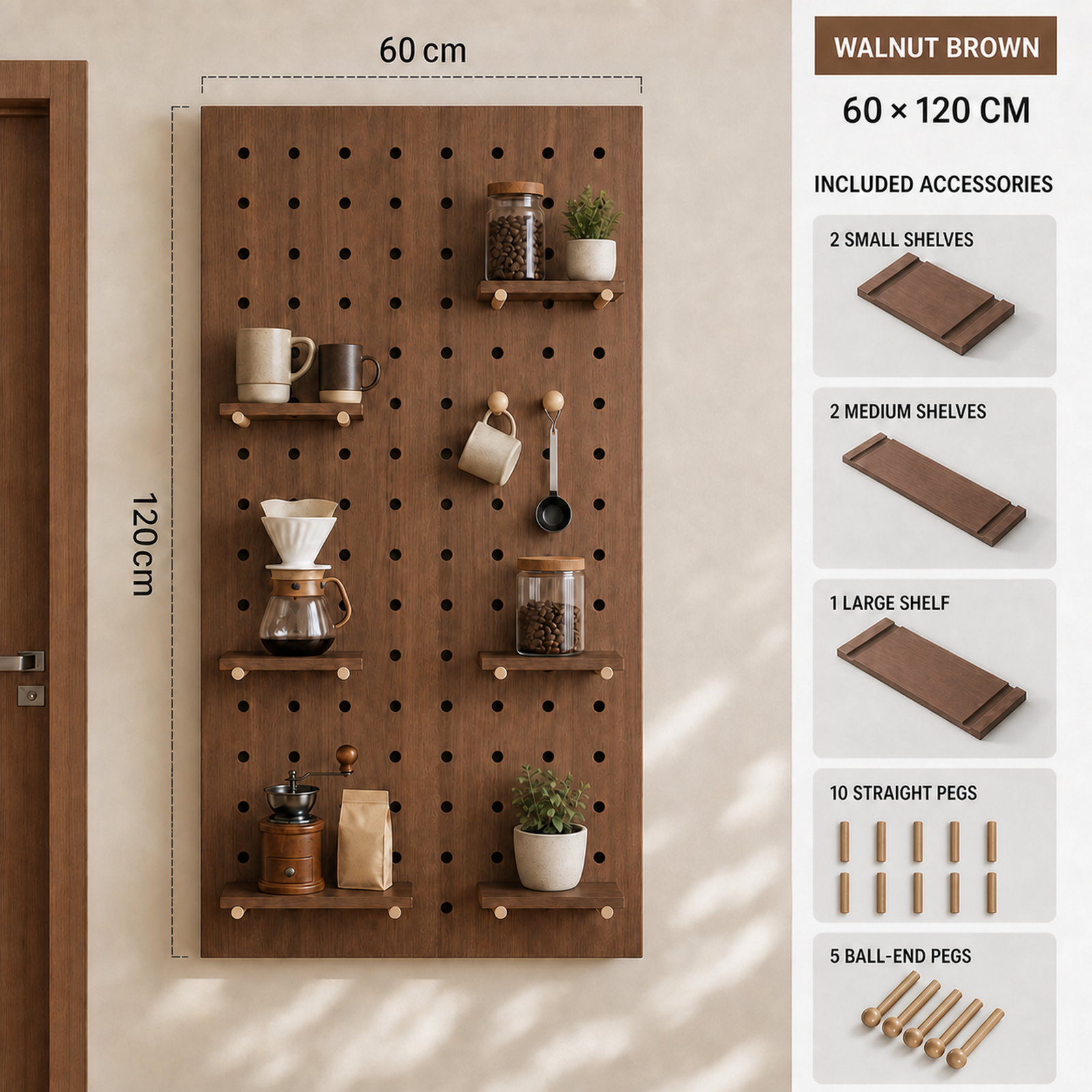 Dimensions and included accessories for 60 x 120 cm walnut brown coffee pegboard
