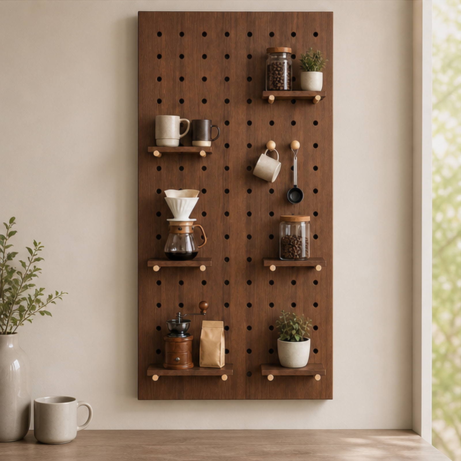 60 x 120 cm walnut brown coffee pegboard organizer in a coffee bar setting