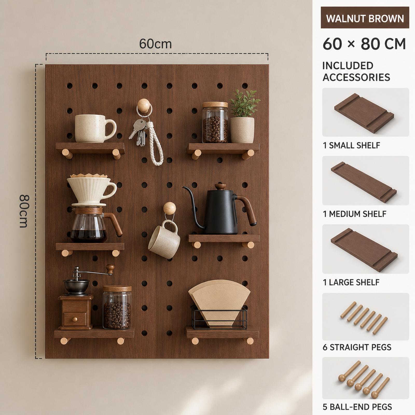 Dimensions and included accessories for 60 x 80 cm walnut brown coffee pegboard