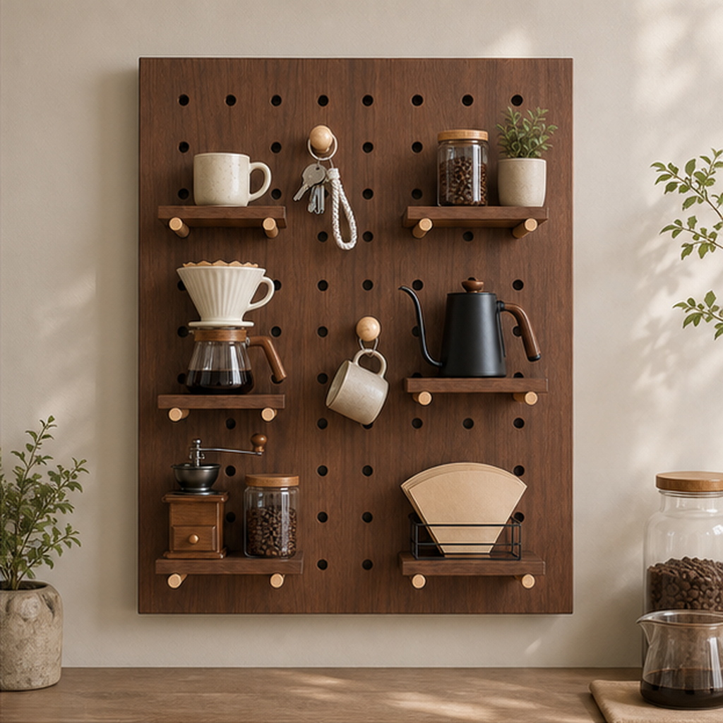 60 x 80 cm walnut brown coffee pegboard organizer in a coffee bar setting