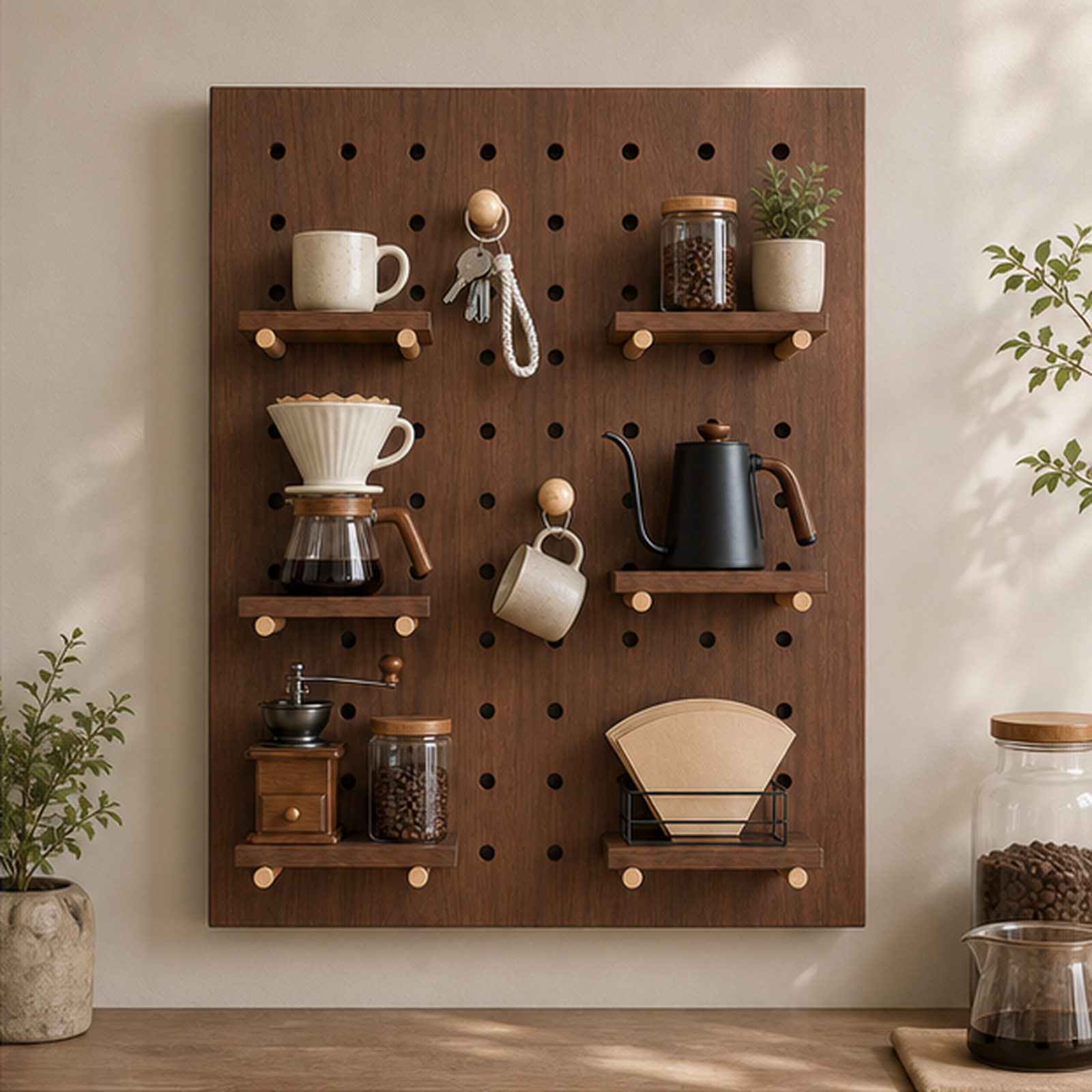 60 x 80 cm walnut brown coffee pegboard organizer in a coffee bar setting