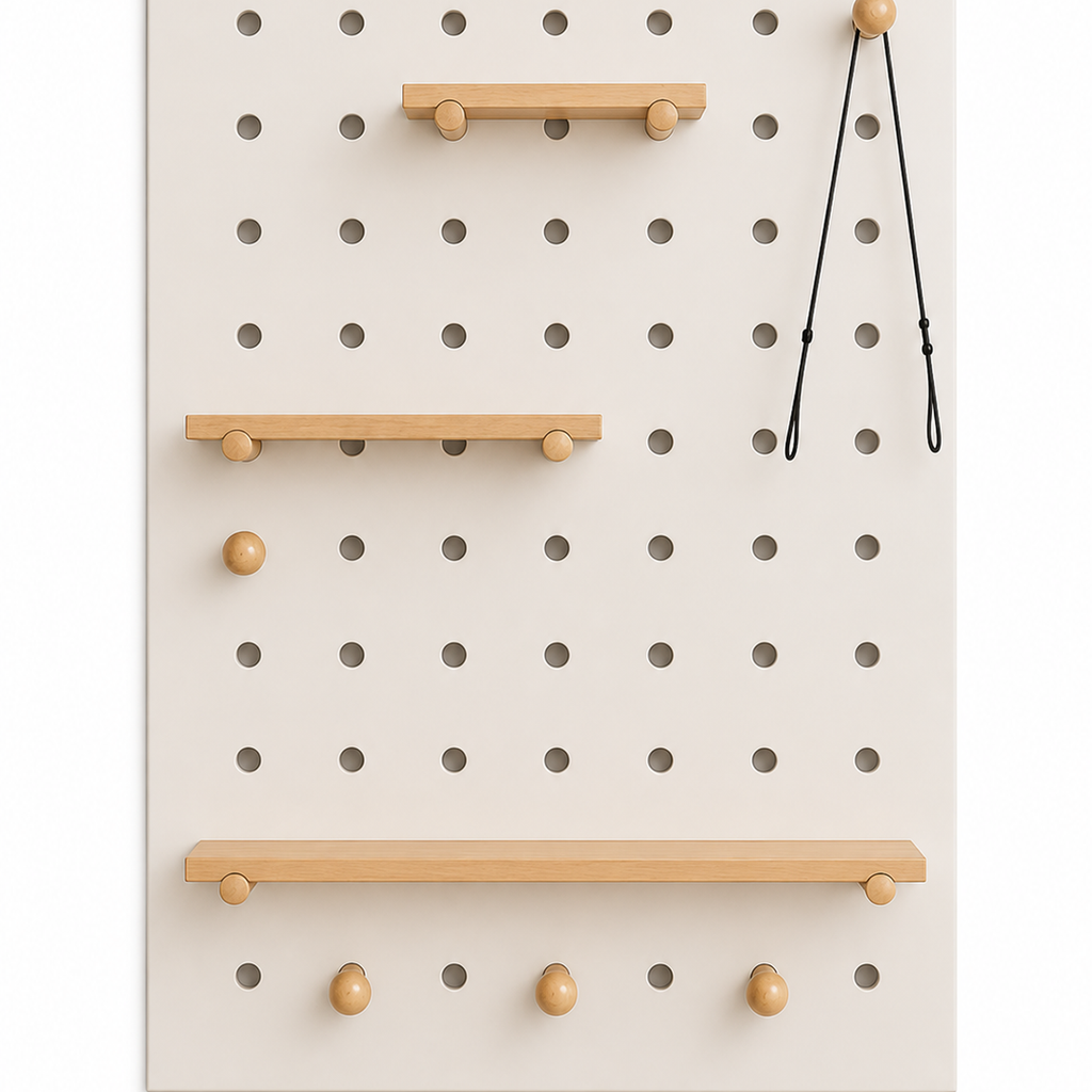 Warm white modular wall-mounted coffee pegboard organizer on white background
