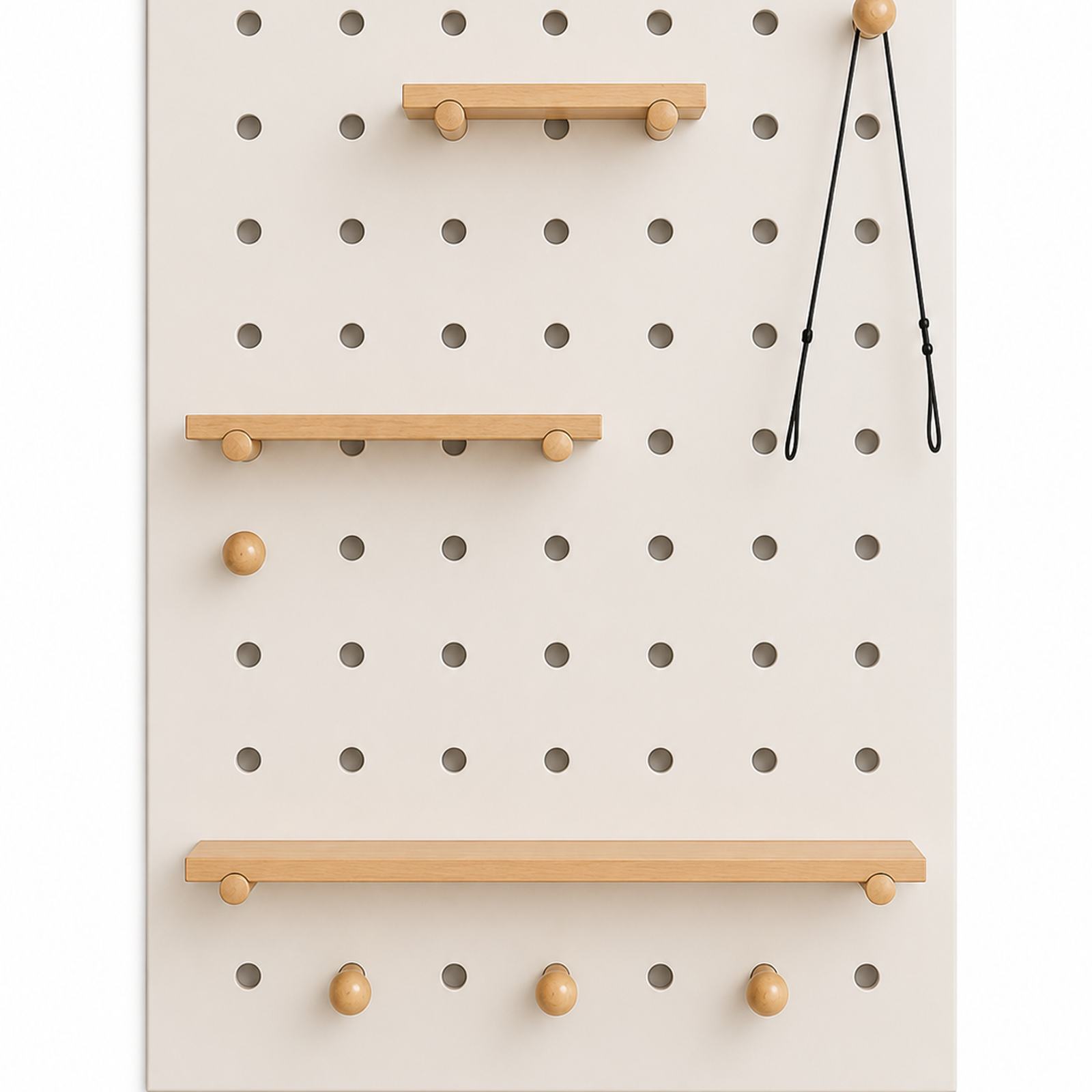 Warm white modular wall-mounted coffee pegboard organizer on white background