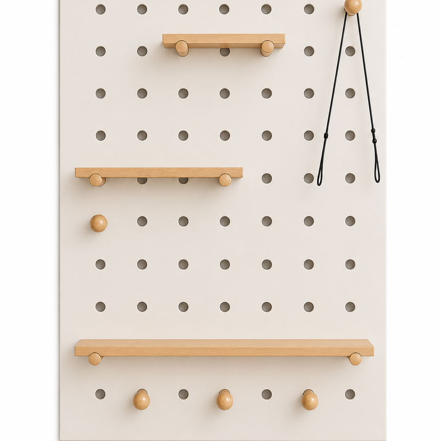 Warm white modular wall-mounted coffee pegboard organizer on white background