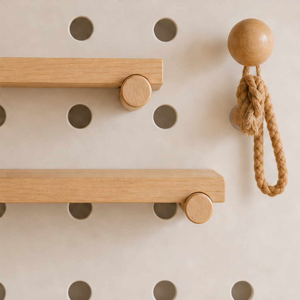 Movable shelves and pegs on warm white coffee pegboard organizer