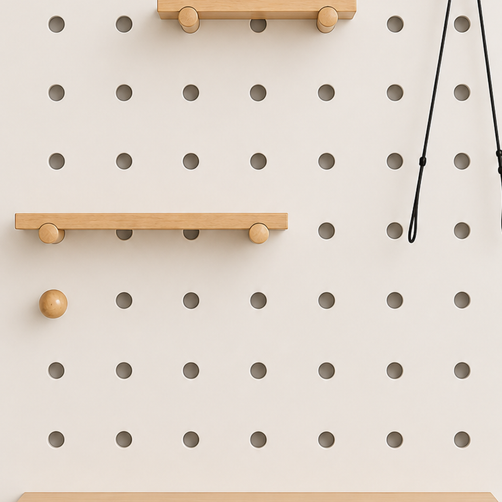 Warm white pegboard surface and round-hole grid detail