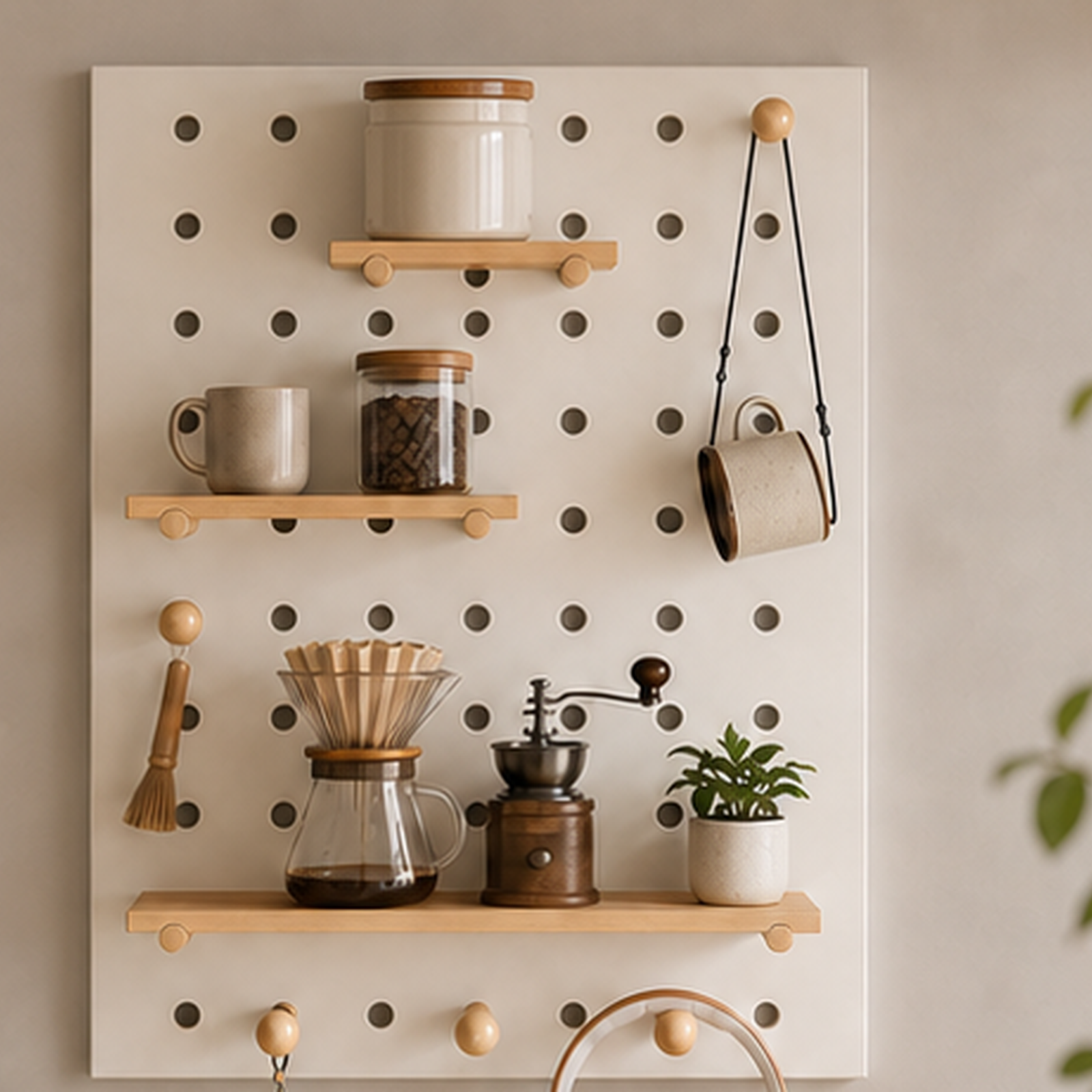 Flexible coffee accessory storage on warm white wall pegboard