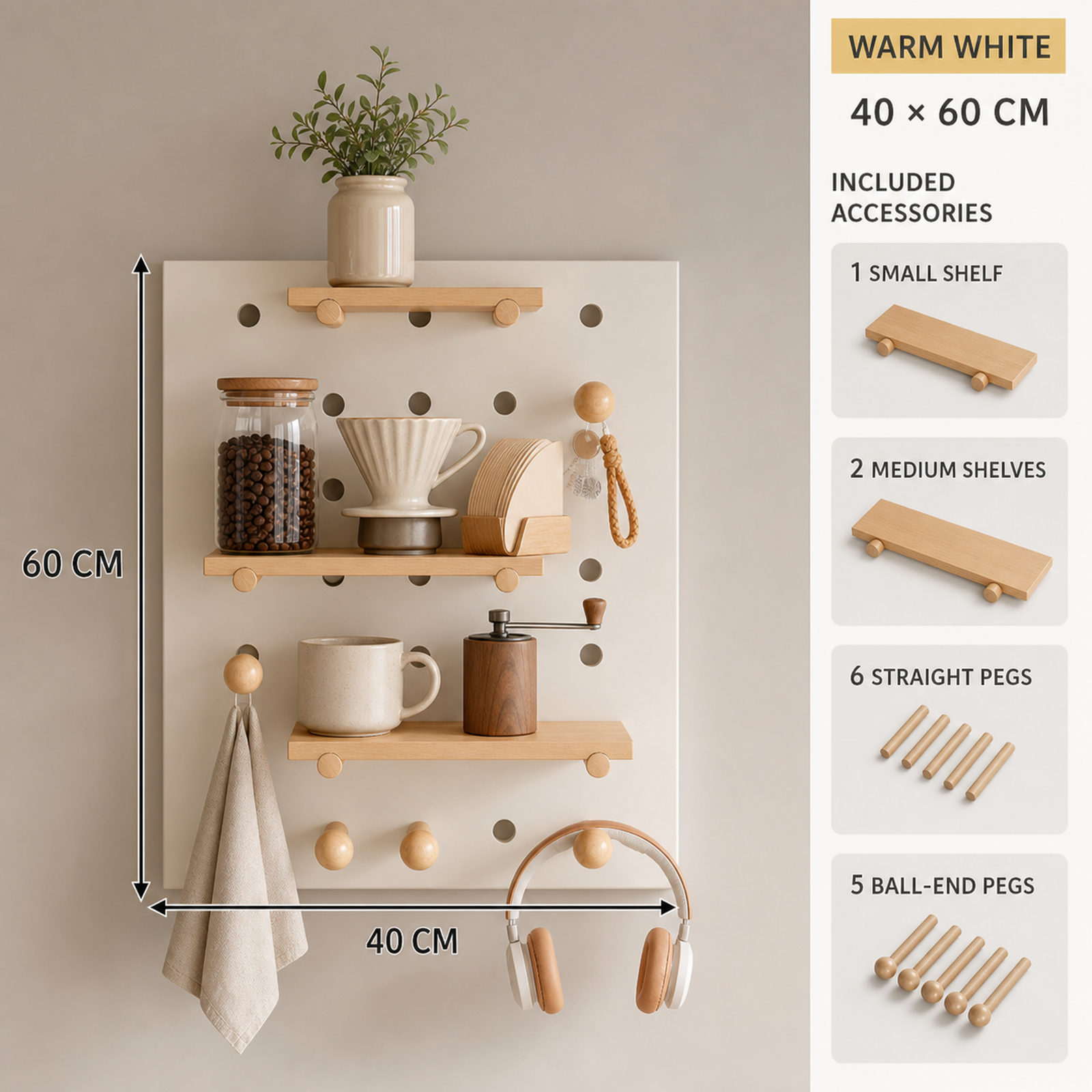 Dimensions and included accessories for 40 x 60 cm warm white coffee pegboard