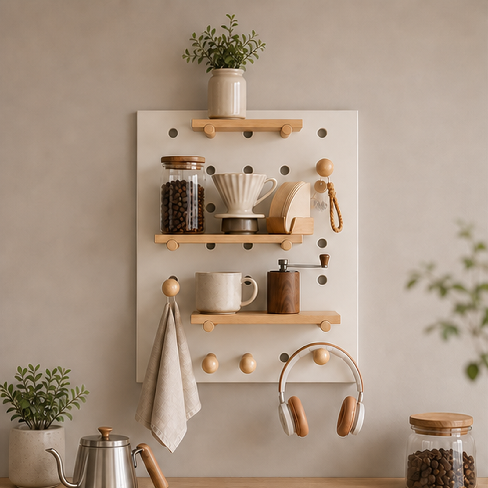 40 x 60 cm warm white coffee pegboard organizer in a coffee bar setting