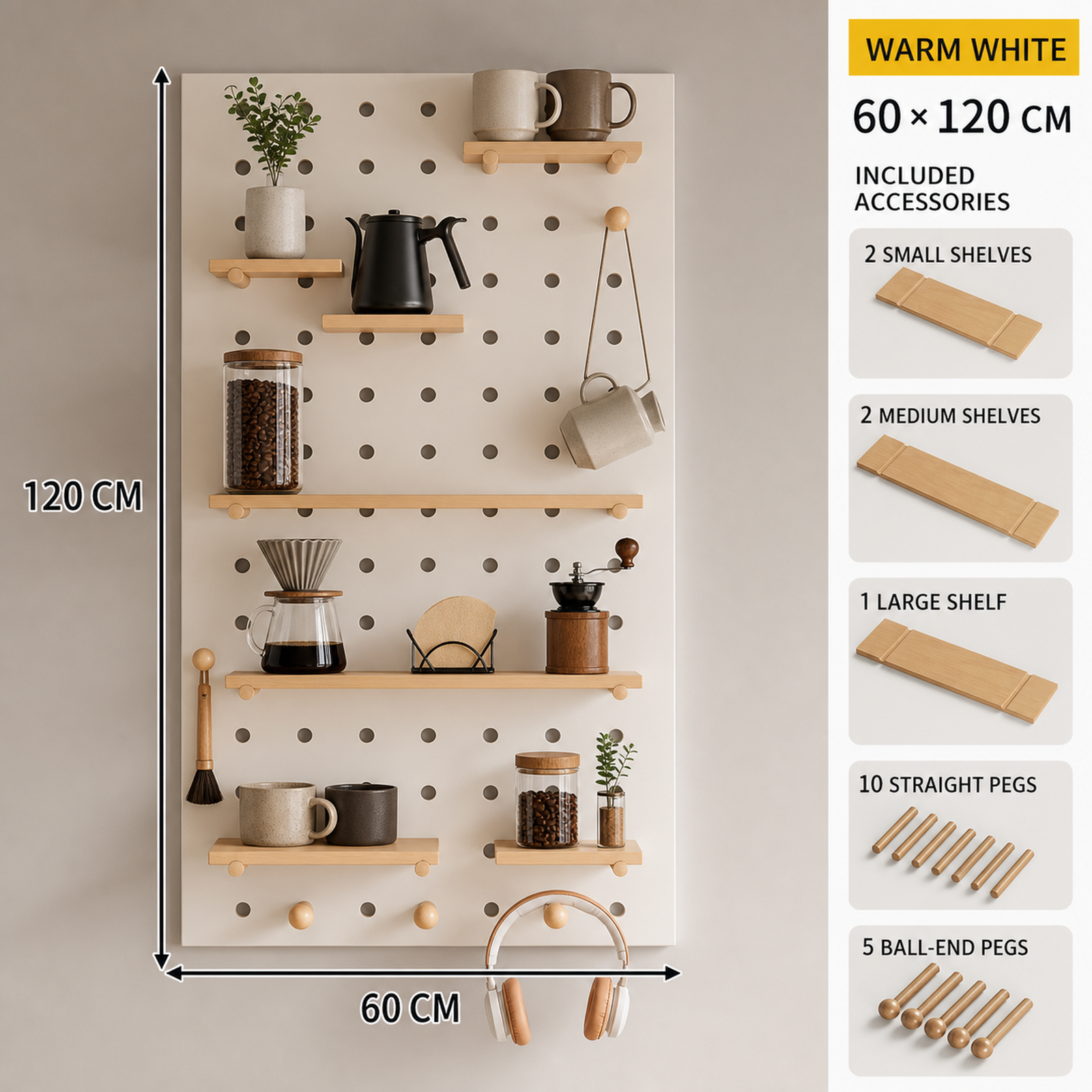 Dimensions and included accessories for 60 x 120 cm warm white coffee pegboard